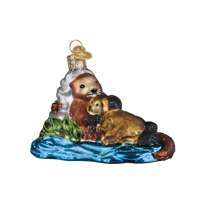 Sea Otter with Pup Glass Ornament