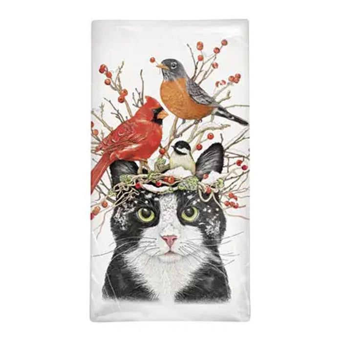 Winter Cat Birds Holiday Flour Sack Towel