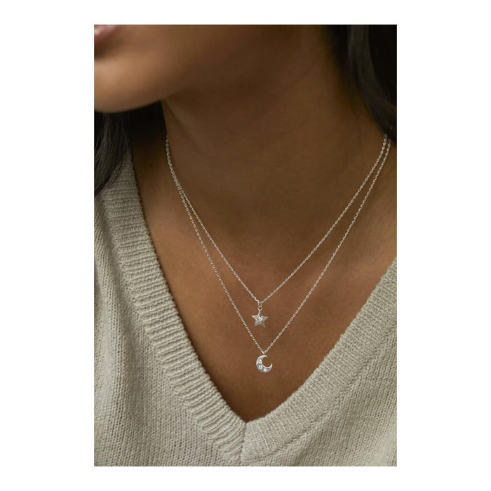 Three Stone Moon Necklace - Silver Plated